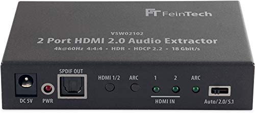FeinTech VSW02102 Extractor de audio HDMI 2.0 de 2 puertos, conmutador 2x1 4K HDR, negro
