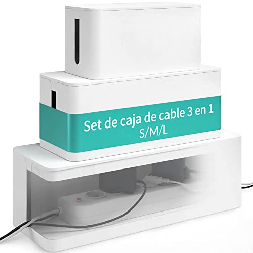 ACROPAQ Caja cables -3 en 1, Pequeño, Medio y Grande, Organizador cables, Ocultar fácilmente los cables y enchufes, Impermeable, Antideslizante - Organizador cables caja, Caja esconder cables - Blanco