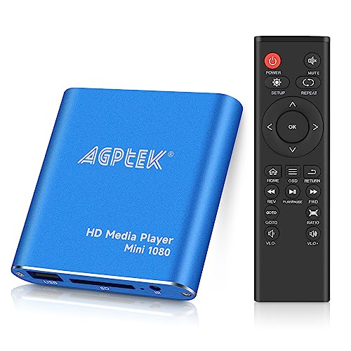 Reproductor Multimedia para TV,AGPTEK Mini Media Player HDMI con Control Remoto Soporta Unidad Flash USB Tarjeta SD/SDHC Disco Duro Externo de 2TB para MKV/RM/ MP4 / AVI etc (Azul)
