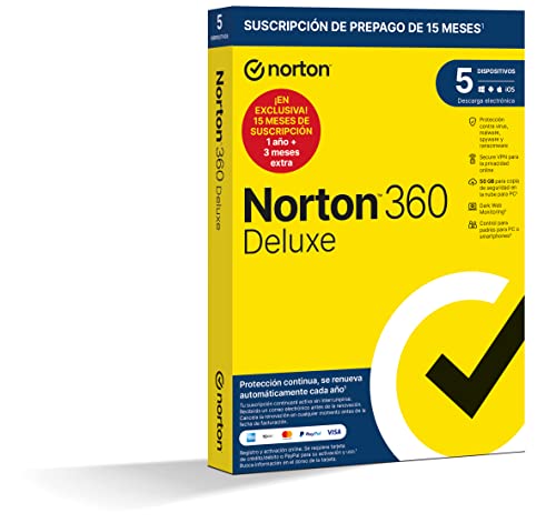Norton 360 Deluxe 2023 - Antivirus software para 5 Dispositivos y 15 meses de suscripción con renovación automática, Secure VPN y Gestor de contraseñas, para PC, Mac tableta y smartphone