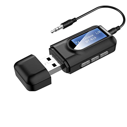 Adaptador Bluetooth 5.0 Transmisor Transceptor USB con Pantalla de Audio Inalámbrico BT Receptor 3en1 con Cable Auxiliar Digital de 3.5 mm para TV, Altavoces, PC, Auriculares,Coche