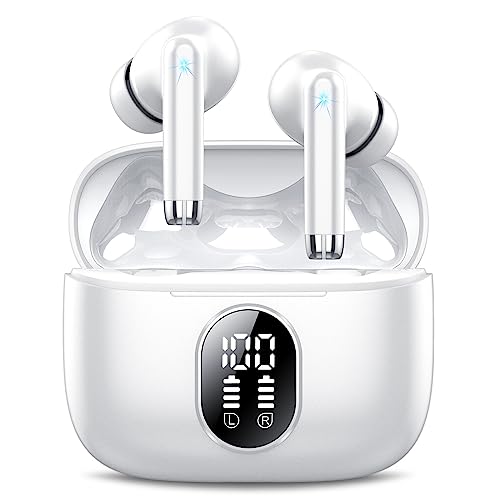 QXQ Auriculares Inalámbricos, Auriculares Bluetooth 5.3 con HD Micrófono HiFi Estéreo, Reproducción de 40H, IPX7 Impermeables Cascos Inalambricos Bluetooth, Control Táctil, Carga Rápida USB-C, Blanco