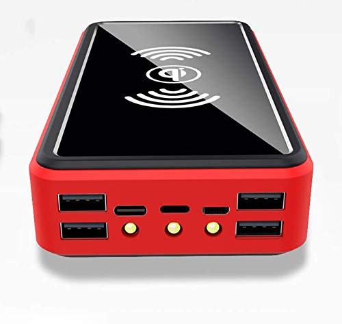 Power Bank Solar 50000Mah Batería Externa Solar con 4 Salidas USB & Carga Inalámbrico Cargador Solar Linterna LED, Bateria Portatil Cargador Portatil Powerbank para iPhone Android iPad,Rojo