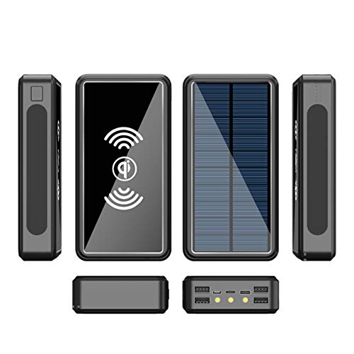 Cargador Solar Movil 50000Mah, QI Carga Inalambrica Power Bank Solar, Bateria Externa Movil con Linterna LED, Cargador Portatil con 4 USB Powerbank para iPhone Android Senderismo