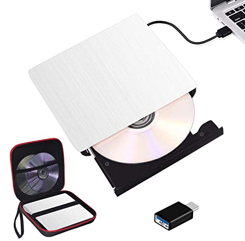 Arozxin Grabadora CD/DVD Externa USB 3.0, Unidades de DVD Externa Portátil CD/DVD /-RW/ROM Estable con Lector - Quemador para Windows 7/8/ XP/ 10, Mac OS, Vista, Linux (con Bolsa) (White)