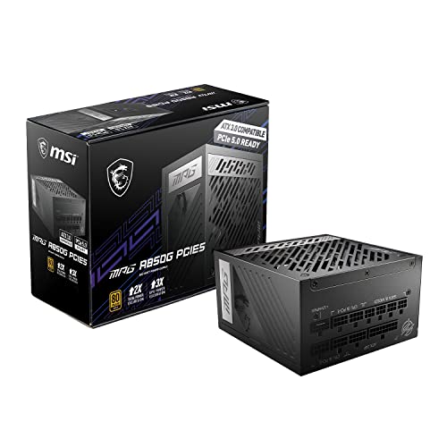 MSI MPG A850G PCIE5 - Fuente de alimentación (850 W, Certificado 80 Plus, ATX 3.0, Compatible con PCIe 5.0 GPU, condensadores japoneses de 105 °C, Modo 0% RPM, Cable Plano, 10 años de garantía