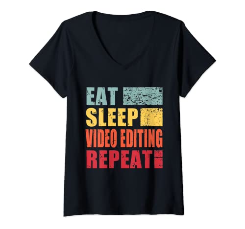 Mujer Eat Sleep Video-Edición Repetir Camiseta Cuello V
