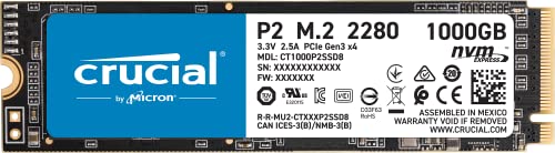 Crucial P2 CT1000P2SSD8 Disco Duro sólido Interno SSD de 1TB, de hasta 2400 MB/s (3D NAND, NVMe, PCIe, M.2), multicolour
