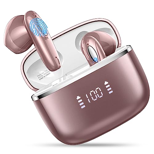 Auriculares Inalámbricos, Auriculares Bluetooth 5.3 con HD Microfono, Estéreo Cancelación de Ruido Cascos Inalambricos Bluetooth, 40H Auriculares In Ear, Pantalla LED, Tipo-C, IP7 Impermeable Oro Rosa