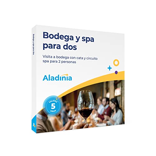 ALADINIA Bodega y SPA para Dos. Caja de experiencias para Regalar. Cofre de Actividades Originales Visita a Bodega con cata y Circuito SPA para Dos. Validez 5 años, Cambios Gratis e ilimitados