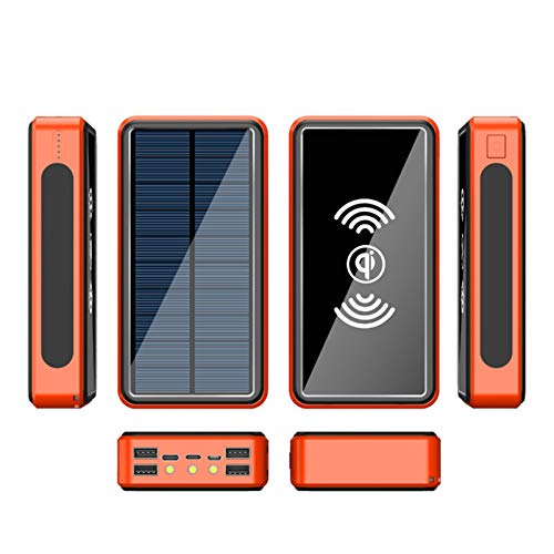 Cargador Solar Movil, [QI Carga Inalambrica] Bateria Externa Movil, Power Bank Solar con Linterna LED, Cargador Portatil con 4 USB, Batería Portatil para iPhone Android Senderismo,Naranja,50000mAh