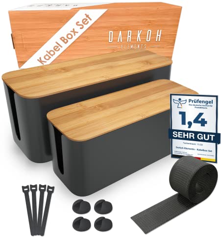 DARKOH Elements® Caja para Cables Negra [Juego de 2 | Grande y Mediana] de plástico ABS con Tapa de bambú y Patas de Goma - Incluye Soporte para Cables, Brida para Cables y Tubo para Cables