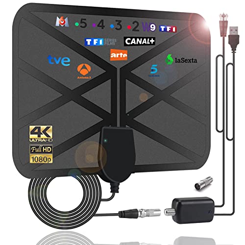 36DBI Antena TV Interior, 200 km Poderoso Antena HDTV Digital con Amplificador y Cable Coaxial para 1080P 4K Canales de TV Gratis DTMB VHF UHF DVB-T2 DVB-T TDT