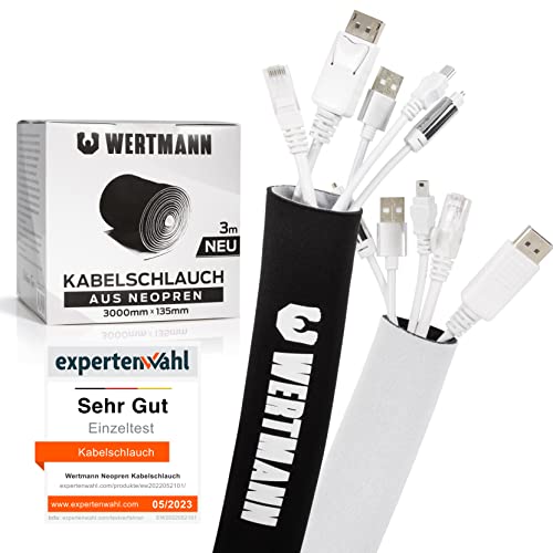 Wertmann Cubre Cables de Neopreno en b/n [3m] para gestión de Cables de TV o PC - Diámetro Ajustable - Funda de Cable Flexible, Protector de Cables para Mascotas, gestión de Cables, Tubo de Cables