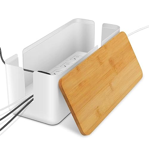 Firschoie Caja de Gestión de Cables, Caja de Almacenamiento de Cables con Tapa de bambú, Caja de Cubierta de Cables para Ocultar Cables Organizar el cableado de computadora, Cables Sueltos(Blanco)