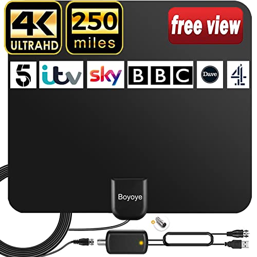 Boyoye Antena de TV interior para Freeview Digital 4K 1080P HD VHF UHF DVB-T2 DVB-T para Canales Locales Rango de 250 Millas Compatible Con Todos Los Televisores - Cable Coaxial de 5M