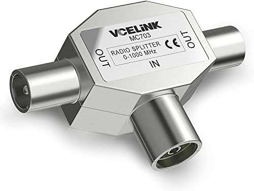 VCELINK Distribución de Antenas T-Acoplamiento, Divisor de TV por Cable, Adaptador Coaxial, Carcasa de Metal Blindada, 2 Macho a 1 Hembra, 0-1000Mhz, Argén