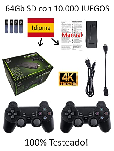 Consola Retro 4K HDMI Conectable a la TV con 10.000 Juegos y Dos Mandos Inalámbricos a 2.4GHz. Pilas Incluidas. Manual y Consola Configurada en Español y 100% Probada!