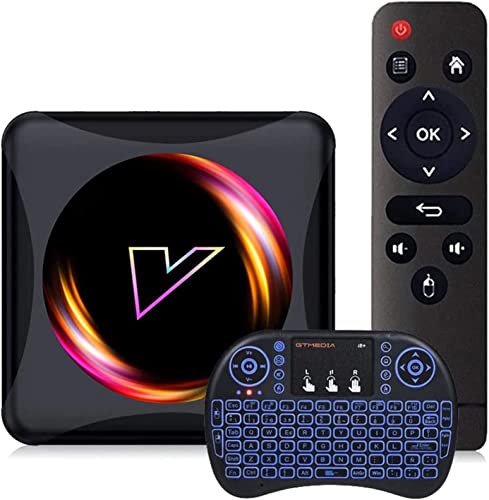 Android 10.0 TV Box, 4GB RAM 64GB ROM RK3318 Chip 2.4G / 5G WiFi de Doble Banda 4K BT Media Player Set-Top Box con Mini Teclado retroiluminado inalámbrico,2G+16GB