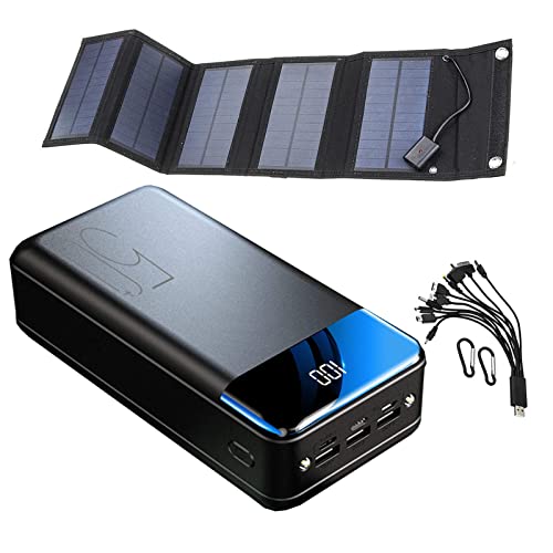 Banco de energía portátil 50000mAh Batería Externa de Gran Capacidad Batería de Carga rápida Powerbank [con 5 Paneles solares] Banco de energía móvil al Aire Libre para iPhone Samsung Android,Negro