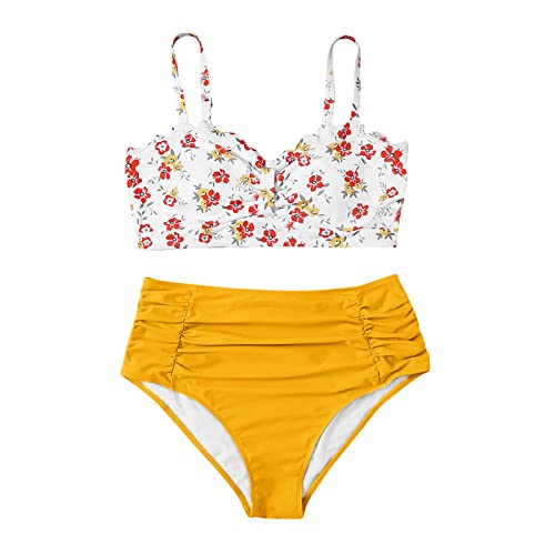 NHNKB Conjunto sexy de dos piezas para verano bikini traje de baño escote para mujeres en traje de baño coral T V, amarillo, L