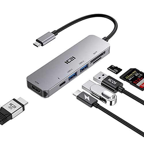 ICZI Hub USB C,6 en 1 de Aluminio Adaptador USB Tipo C a HDMI 4K, 2 Puertos USB 3.0, Micro SD/TF Lector Tarjeta,USB C Hub Tipo C para MacBook Pro, Chromebook, XPS y Otros Dispositivos etc
