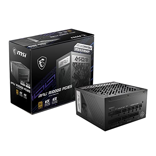 MSI MPG A1000G PCIE5 Fuente de alimentación, Enchufe EU - 1000W, Certificado 80 Plus Gold, 100% Modular ATX 3.0, Soporte PCIe 5.0 GPU, Condensadores Japoneses 105°C, Modo 0% RPM, Cables Planos