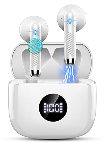 Auriculares Inalambricos, Auriculares Bluetooth 5.3 HiFi Estéreo con HD Mic, Cascos Inalambricos Bluetooth IP7 Impermeable, Pantalla LED, In-Ear Auriculares Reproducción de 40H, Control Táctil, Blanco