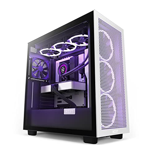 Nzxt H7 Flow - Caja PC Gaming Semitorre ATX - Panel Frontal E/S Puerto USBde Tipo C - Montaje Vertical de la GPU - Iluminación RGB Integrada - Preparado Refrigeración Líquida - Blanco/Negro