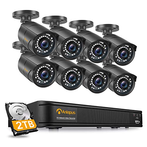 Anlapus 5MP Sistema de Vigilancia PoE 8CH 2K+ Videograbador NVR + (8) Cámara de Seguridad Exterior, IR Visión Nocturna, Alarma de Movimiento, 2TB Disco Duro