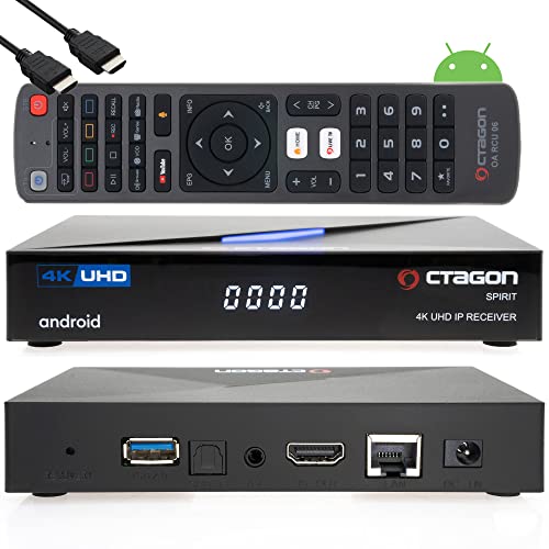 Octagon Spirit 4K UHD HDR10+ Smart Android TV OTT IP Media Streaming Box 5G Wifi Bluetooth 5.1 BT Control Remoto Voz, Widevine Level L1, MeTV Player + EasyMouse HDMI Cable Negro