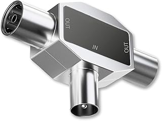 TECHZOCO Distribuidor de TV, Distribuidor de antena, divisor TV, Adaptador antena en T, Divisor Coaxial en T, Adaptador doble coaxial, 5-1000 MHz, DVB-T2, Metálico, 2 salidas Hembra a 1 Entrada Macho