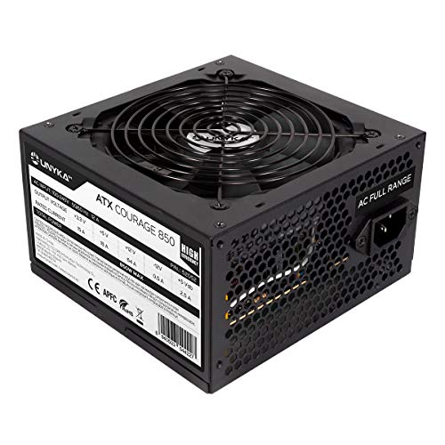 UNYKAch Fuente de Alimentación Courage ATX 850W Alta Eficiencia, con PFC Activo, Especial Profesionales y Gaming, Raíl Único de +12V y Ventilador de 12 cm con Control de Temperatura