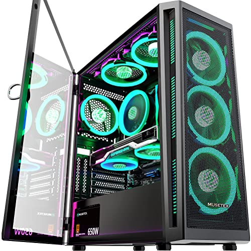 MUSETEX Caja PC ATX Pre-Instalado con 6 Ventiladores PWM ARGB, Caja PC Gaming Mesh, Puerta Abierta, Cristal Templado, Panel Lateral, Torre PC, USB 3.0 x 2, Negro, TW8