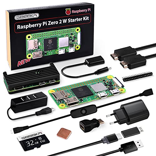 GeeekPi Raspberry Pi Zero 2 W Starter Kit,with RPi Zero 2 W Aluminum Case,32GB SD Card Preloaded OS,QC3.0 Power Supply, 20Pin Header,Micro USB to OTG Adapter,HDMI Cable,Heatsink,ON/Off Switch Cable
