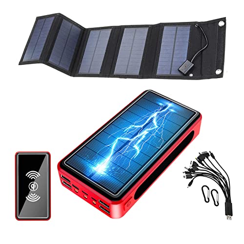 Power Bank Solar Power Bank 50000Mah Cargador Solar Cargador Inalámbrico Portátil con 5 Paneles Solares Plegables, Batería Externa Portátil con Indicador De Estado LED para iPhone, Android