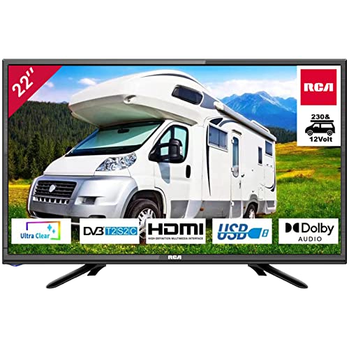 RCA iRB22H3C Televisor 22 Pulgadas (TV 56 cm), Dolby Audio, DVB-C/T2/S2, VGA, HDMI, USB, Salida de Audio Digital,Incluido Modo Hotel, 230V & 12V Adaptador de Coche, Opcional para caravanas, 2023