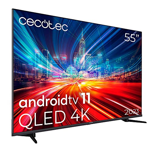 Cecotec Televisor QLED 55” Smart TV V1más Series VQU11055 4K UHD, Android 11, Frameless, MEMC, Dolby Vision y Atmos, HDR10, Wide Color Gamut 96 Porciento, 2 Altavoces 10 W y Subwoofer 12 W, 2 Mandos