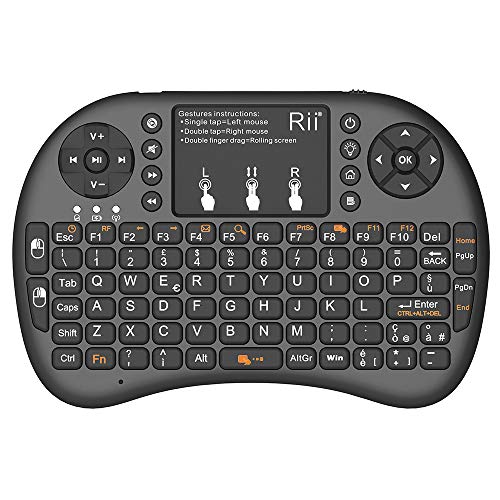 Rii Mini i8+ V2 Wireless + Cable Rii OTG F1 – Mini teclado retroiluminado con ratón táctil y botón ON/OFF para Amazon Fire TV, Smart TV, TV Box, Mini PC, Playstation, Xbox, ordenador