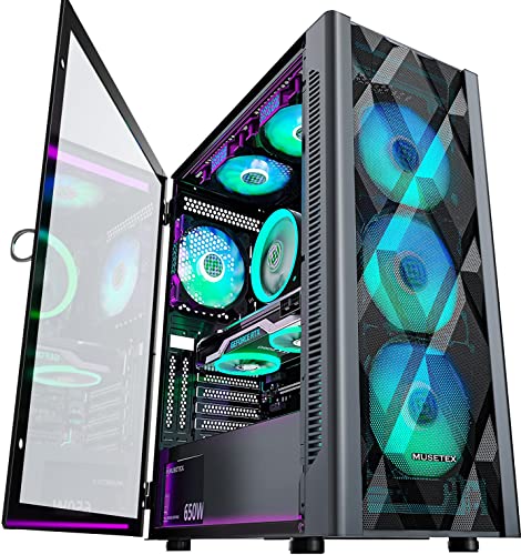 MUSETEX Caja PC ATX Pre-Instalado con 6 Ventiladores PWM ARGB, Torre PC Diamond Mesh, Puerta Abierta, Cristal Templado, Panel Lateral, Caja PC Gaming, USB 3.0 x 2, Negro, NN8