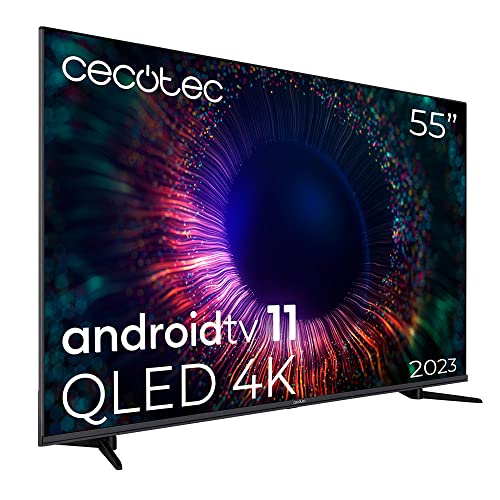 Cecotec Televisor QLED 55” Smart TV V1+ Series VQU11055. 4K UHD, Android 11, Frameless, MEMC, Dolby Vision y Atmos, HDR10, Wide Color Gamut 96%, 2 Altavoces 10W y Subwoofer 12W, 2 Mandos, 2023