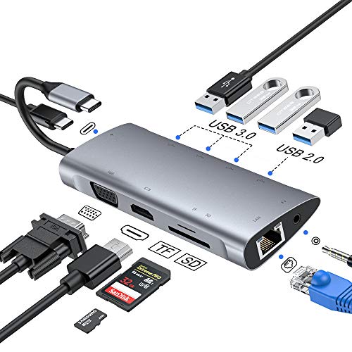 FLYLAND Hub USB C, Adaptador Tipo C Hub con 1080P VGA, Conector de Audio de 3.5 mm, 4K HDMI, Ethernet RJ45, 4 Puertos USB 3.0/2.0, Puerto USB-C PD, Hub Lector de Tarjetas SD/TF para Macbook y más.