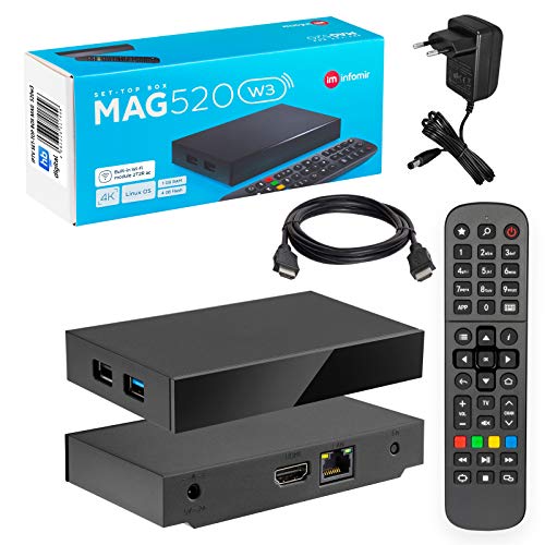 MAG 520w3 Original Infomir & HB-DIGITAL 4K IPTV Set TOP Box Reproductor Multimedia Internet TV Receptor IP # 4K UHD 60FPS 2160p@60 FPS HDMI 2.0# Soporte HEVC H.256 # ARM Cortex-A53 + Cable HDMI