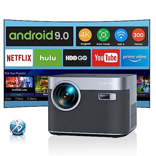 【Auto Focus/Keystone】 Proyector WiFi Bluetooth 1080P Full HD Nativo, 16000 Lúmenes TOPTRO Proyector 4K Soporte, Proyector Android 9.0 Cine En Casa para Teléfono/TV Stick/PS5 USB HDMI AV