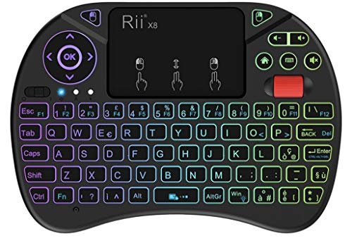 Rii Mini X8 Wireless + Cable OTG F1 – Mini teclado retroiluminado con ratón táctil y rueda de desplazamiento para Amazon Fire TV, Smart TV, TV Box, Mini PC, Playstation, Xbox, ordenador