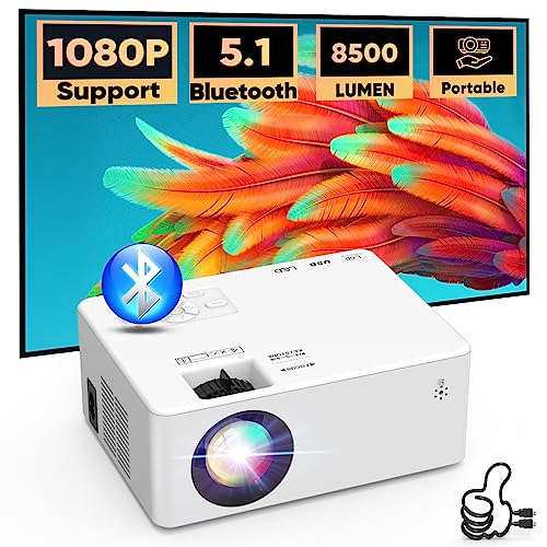 Proyector Bluetooth, AKATUO 8500 Lumen Mini Proyector Portátil Soporta Full HD 1080P, Videoproyector Cine en Casa, para iOS/Android/USB/TV Stick/HDMI