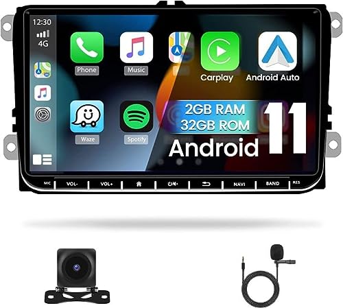 【2+32G】 Android 11 Radio de Coche con Carplay Android Auto para VW Golf 5 6 Polo Radio Bluetooth, Car Radio GPS Navigation Pantalla Táctil de 9 Pulgadas 2 DIN RDS FM WiFi USB Cámara Trasera+Micrófono