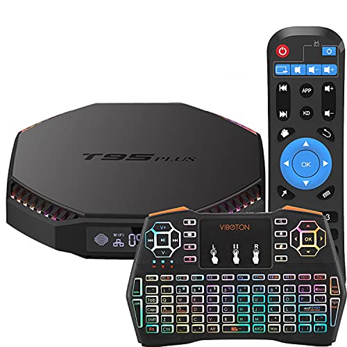 Android 11.0 TV Box, T95 Plus RK3566 Quad Core 64-bit Cortex-A55 CPU 2.4GHz/5GHz Dual Band WiFi 8K 4K Ultra HD Resolution Bluetooth 4.0 Ethernet 1000M with Backlit Mini Wireless Keyboard