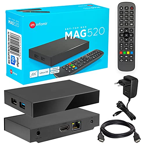 mag 520 Original Infomir & HB-Digital 4K IPTV Set Top Box Reproductor Multimedia Internet TV Receptor IP # 4K UHD 60FPS 2160p@60 FPS HDMI 2.0# Soporte HEVC H.256# Arm Cortex-A53 + Cable HDMI