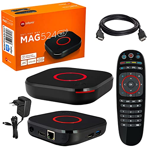 mag 524w3 Original Infomir & HB-DIGITAL 4K IPTV Set Top Box Reproductor Multimedia Internet TV Receptor IP # 4K UHD 60FPS 2160p@60 FPS HDMI 2.0# Soporte HEVC H.256# Arm Cortex-A53 + Cable HDMI